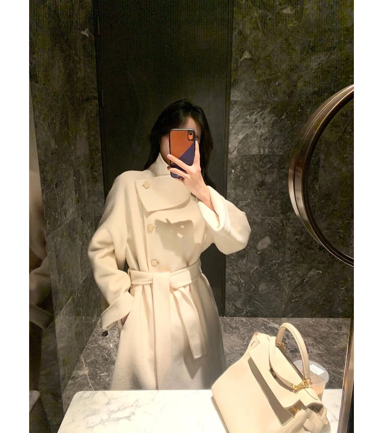 Женское шерстяное пальто элегантное однотонное длинное с длинным рукавом