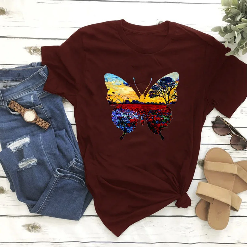 

Colorful Butterfly Print Women T Shirt Short Sleeve O Neck Loose Women Tshirt Ladies Fashion Tee Shirt Tops Clothes Mujer