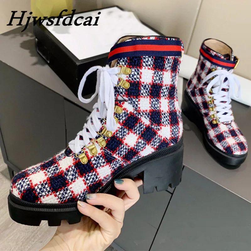 

Hjwsfdcai Woolen Cloth Women Boots Round Toe Martin Boots Platform Lace-Up Checked Motorcycle Boots Winter Brand Women Shoes