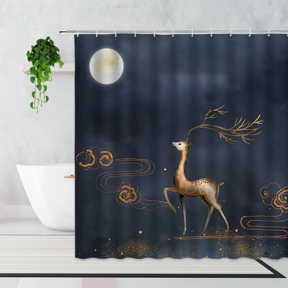 

Modern Art Elk Shower Curtain Creative Starry Sky Moonlight Animal Home Decoration Background Waterproof Bath Curtains With Hook