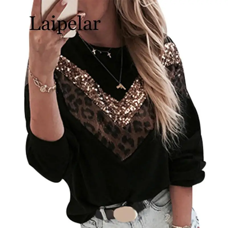 

Женский пуловер, толстовка, пэчворк, Леопардовый принт, короткий свитер, блестящая замшевая толстовка, Повседневная Уличная одежда, bluza damsk