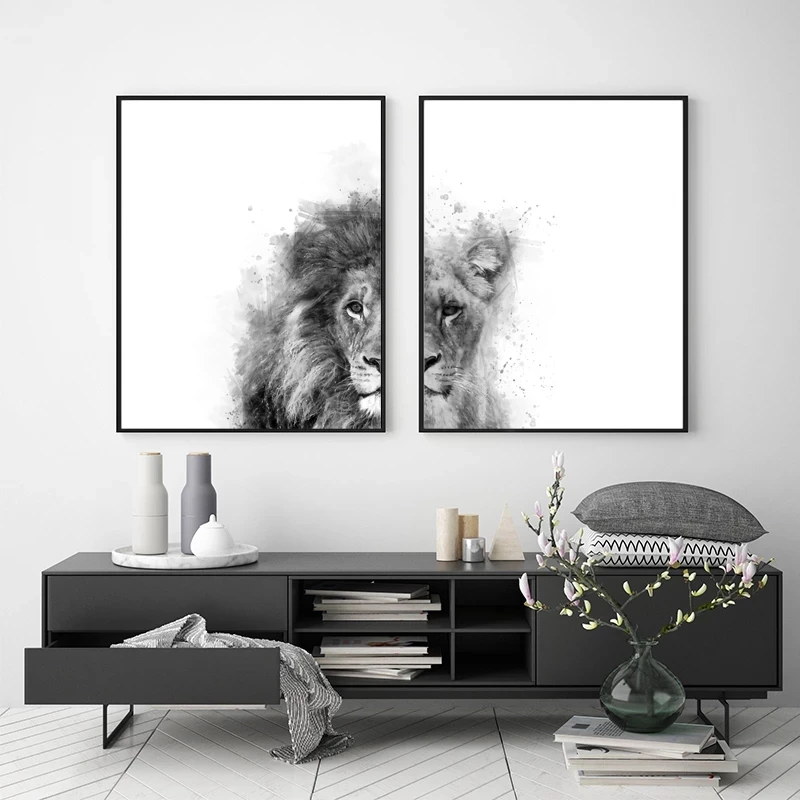 

Lioness Animal Canvas Print Black White Abstract Watercolor Painting Poster Nursery Wall Art Pictures Living Room Decor