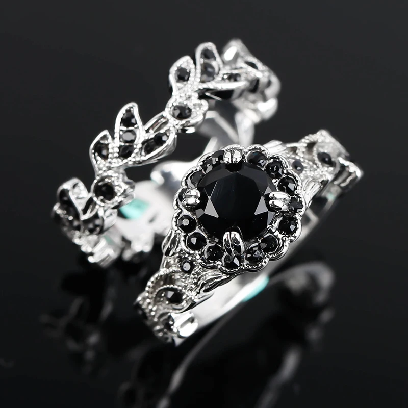 

Classic Exquisite Punk Flowers Rings Set For Women 2021 Trend Charming Black Rhinestone Leaf Fashion Jewelry Accessories