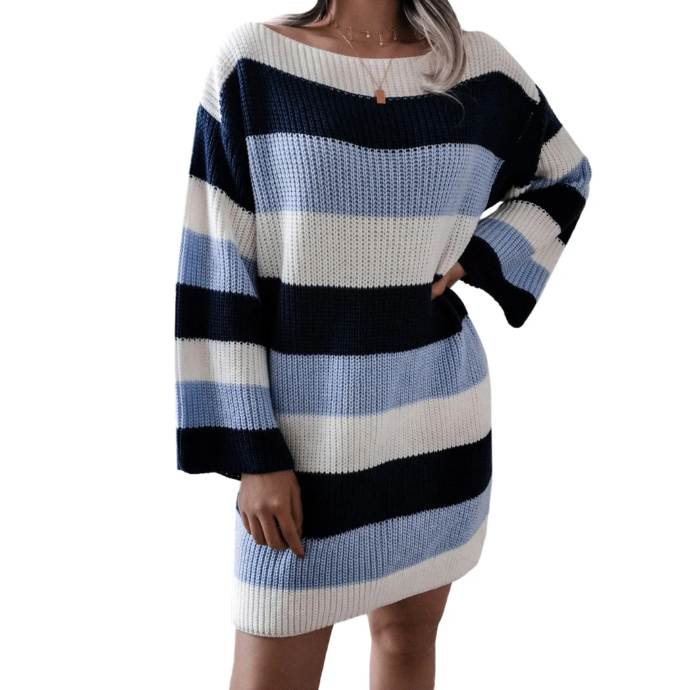 

2021 Women Elegant Solid Color Knitted Mini Dress Loose Fit Long Sleeve Slash Neck Sweater Dress Baggy Pullovers Dress Thick Top