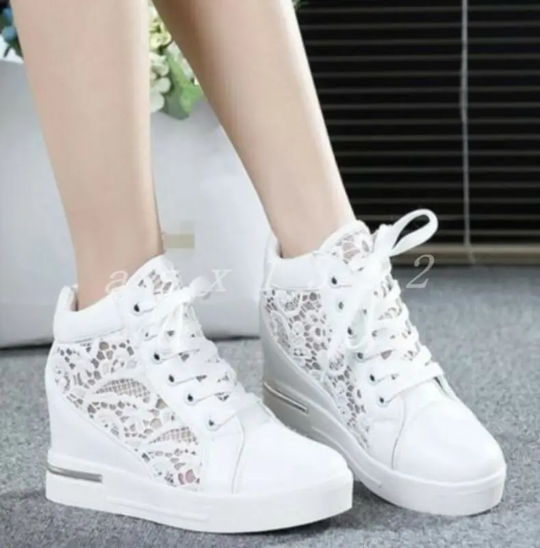 

Womens Round Toe Hollow Platform Wedge Shoes Lace Up High Top 2021s Loafers