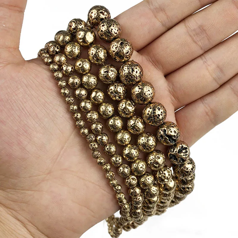 Antique KC Gold JHNBY серебряный, черный, серьги из розового золота с натуральным вулканического камня Hematit 4/6/8/10/12 мм круглые бусины для изготовления ювелирных изделий браслет и ожерелье ювелирных изделий DIY - Цвет: Antique KC Gold