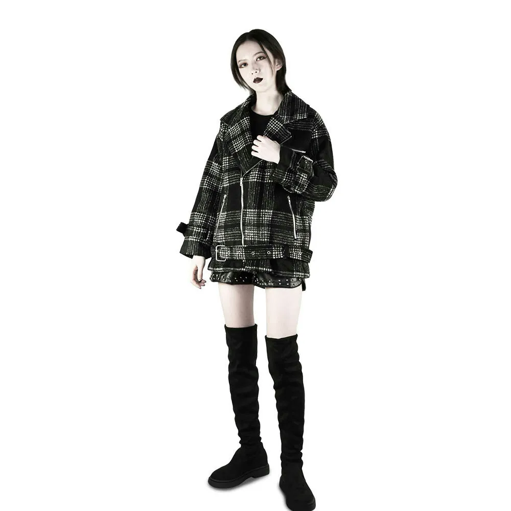 

2020 Winter New Retro Tooling Checked Quilted Woolen Coat Winter Loose Motorcycle Jacket Ladies College Style Jacket