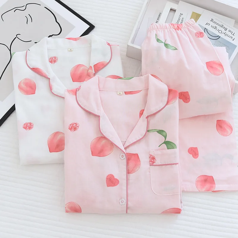 Spring/summer New Pajamas Set Women Pure Cotton Gauze Long Sleeve Peaches Pajamas Set for Ladies Soft Thin Comfortable Home Wear