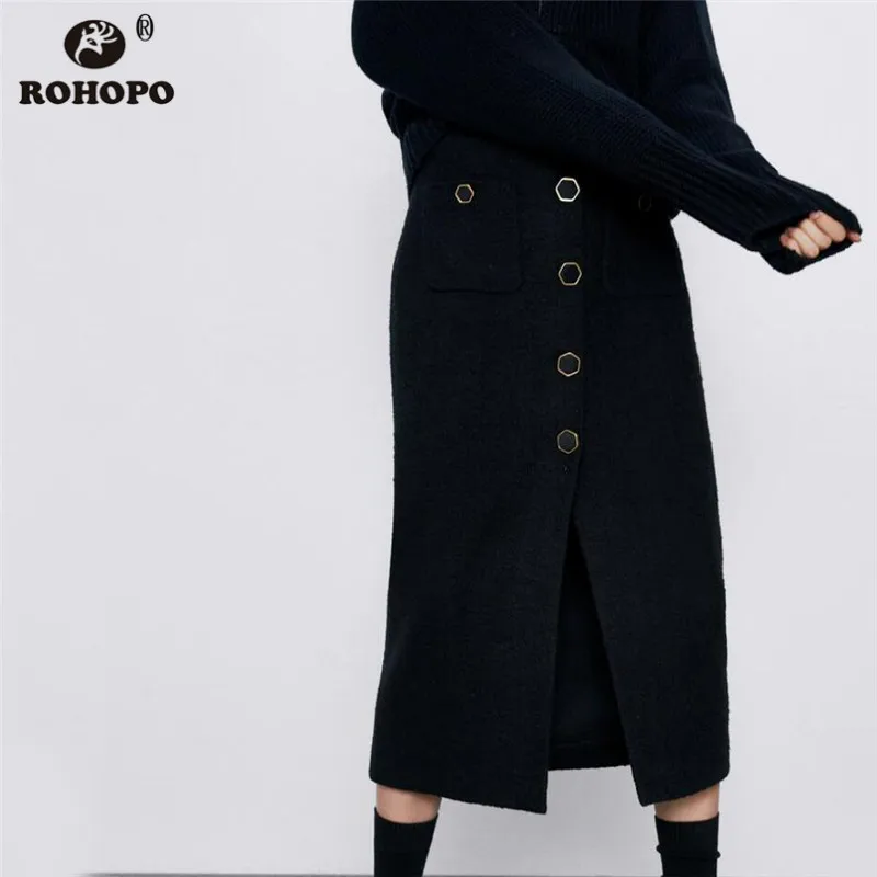 ROHOPO твидовая утолщенная черная юбка средней длины с высокой талией Узорчатая