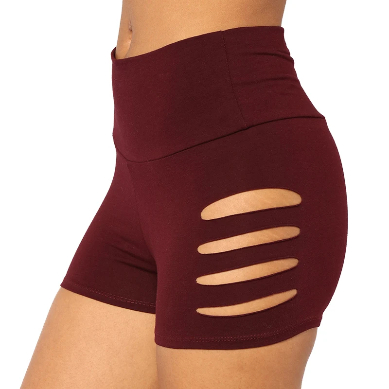 Женские шорты с вырезами черные спортивные дышащие высокой талией для спорта и