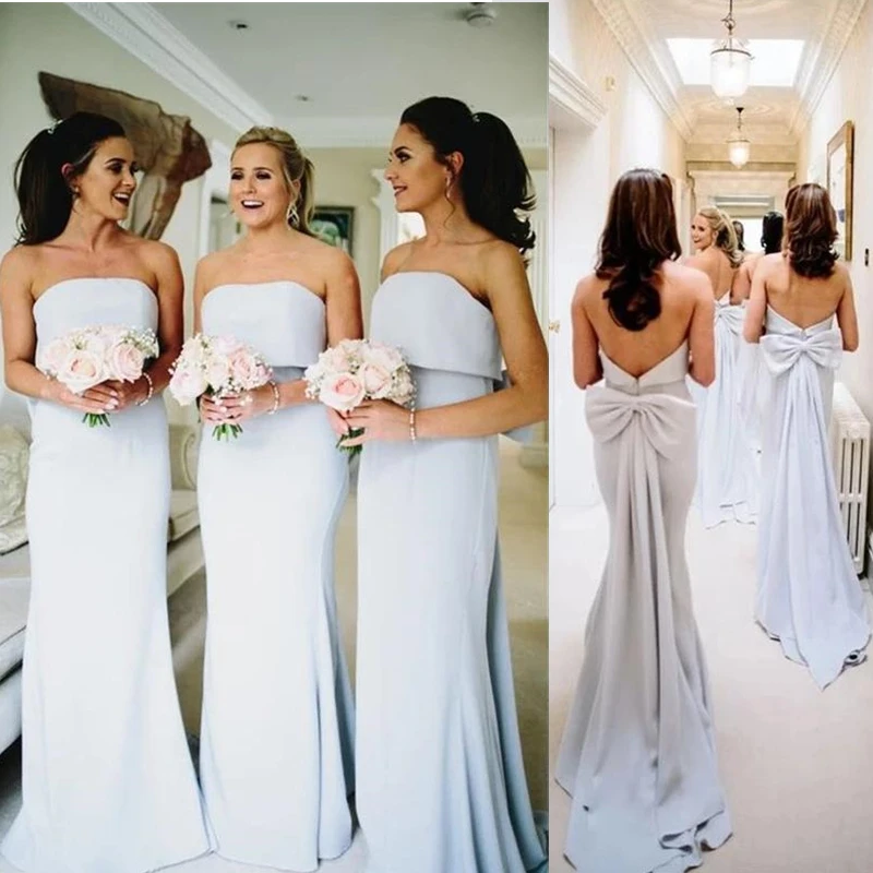 Sexy Strapless Simple Bridesmaid Dresses Fashion Guest Gowns Backless Satin Big Bow Sweep Train Merm