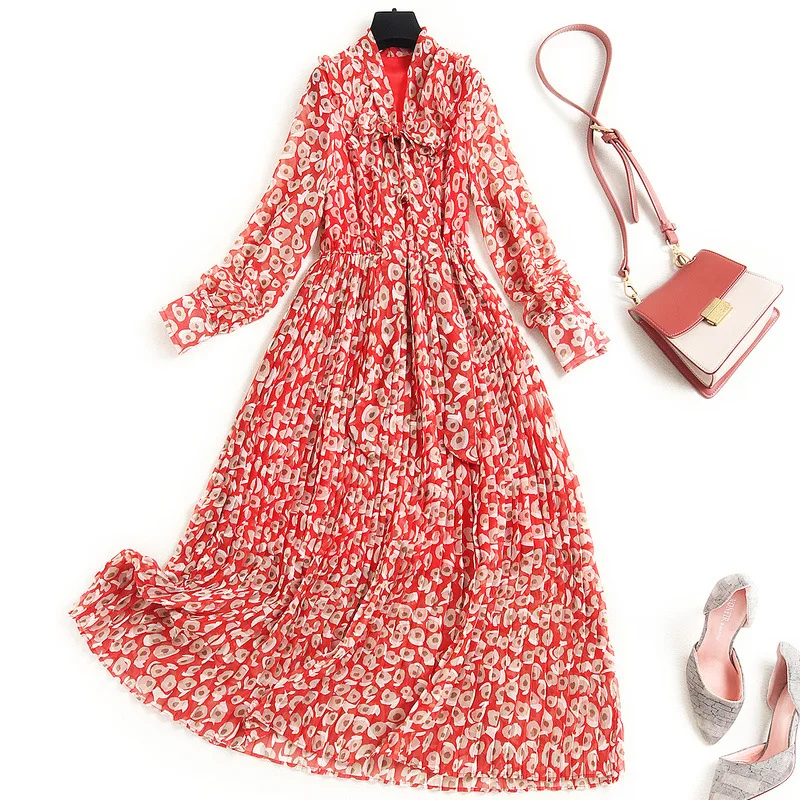 

Korean 2021 Fashion Spring Elastic Waist Bow Tie V-neck Long Sleeves Printed Pleated Women Black Plus Size Chiffon Dress