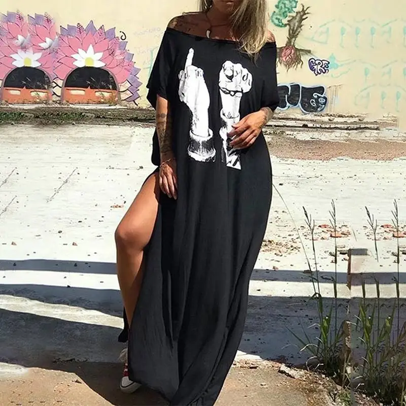 

Punk Style Summer Dress Women Loose Short Sleeve Skull Print Female Dress Streetwear Side High Split Flower Female Vestido