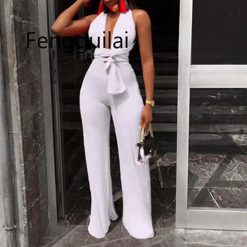 

New Arrival Fashion Women Clothing Sexy V Neck Multi-way Jumpsuits Female Lace Up Bandage Sleeveless Wide Leg Autumn Playsuits
