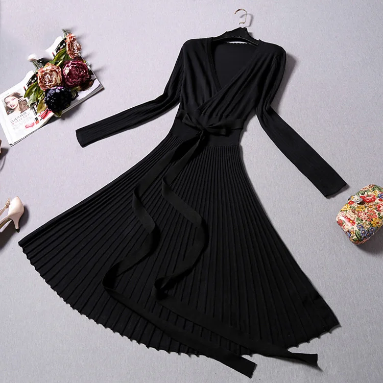 

high quality Pleated Sweater Dress Women Elegant black dress2019 New Long Sleeve V-Neck Sashes A-line Midi Long Knit Dresses