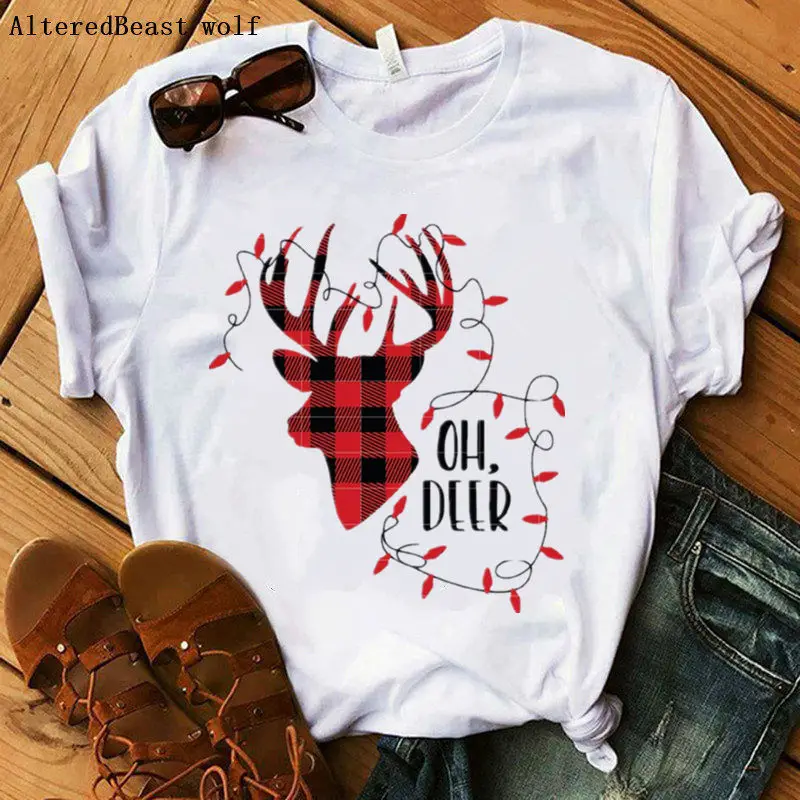 

Plaid reindeer OH.DEER print Merry Christmas tshirt Women white kawaii T Shirt female casual short sleeve vogue clothes tops