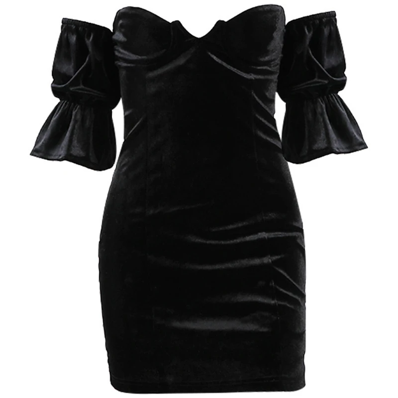 

Women Vintage Short Flare Sleeve Velvet Bodycon Mini Dress Sexy Off Shoulder Empire High Waist Ruched Party Clubwear