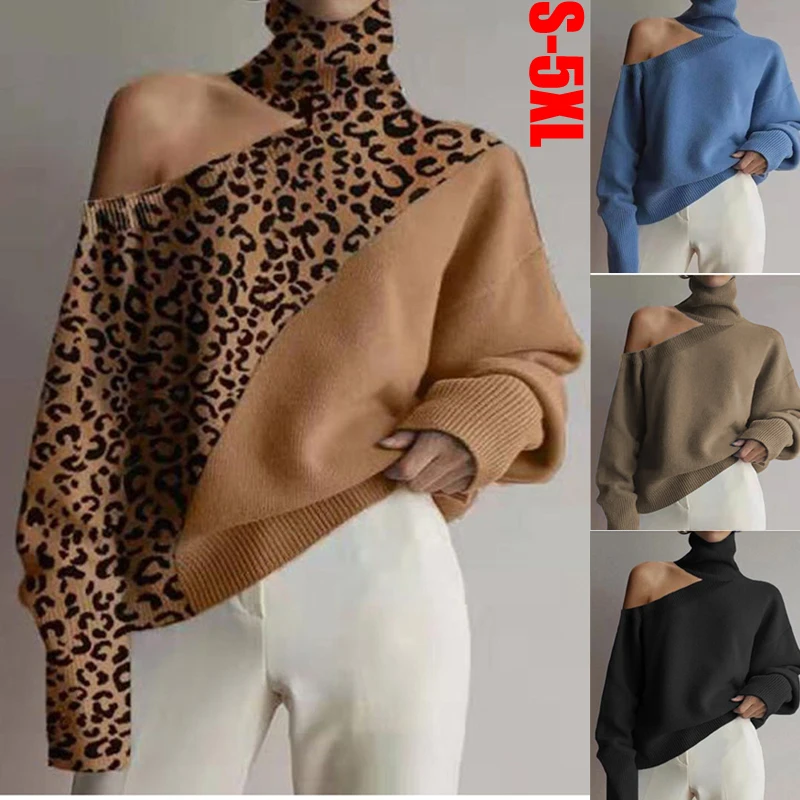 

Женский трикотажный свитер с леопардовым принтом, с круглым вырезом и открытыми плечами