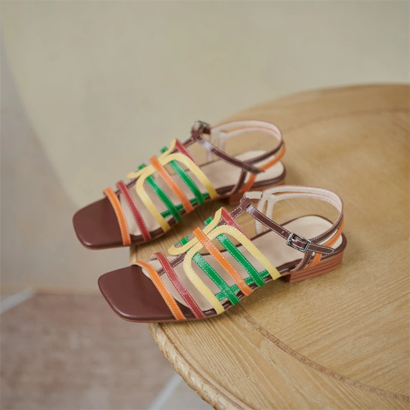 

Meotina Women Gladiator Sandals Shoes Genuine Leather Sandals Flat Buckle Shoes Square Toe Cow Leather Ladies Footwear Summer