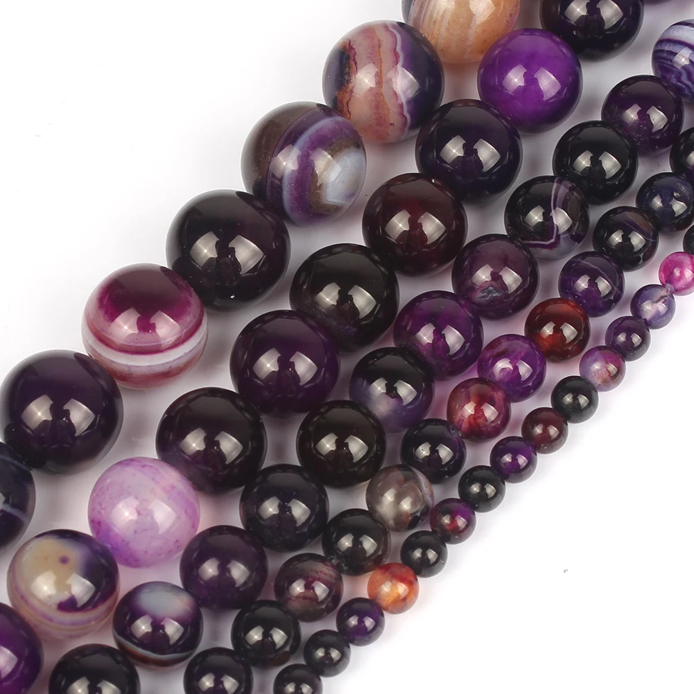 

Wholesale Smooth Purple Striated Agata Onyx Round Beads For Jewelry Making 15.5" 4 6 8 10 12mm Making Bracelet Accessories