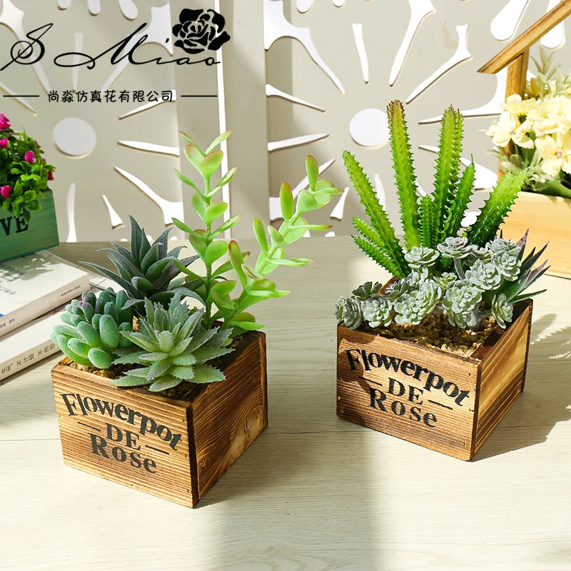 

Square wooden basin multi meat combination potted artificial plant creative decoration flower bonsai flower