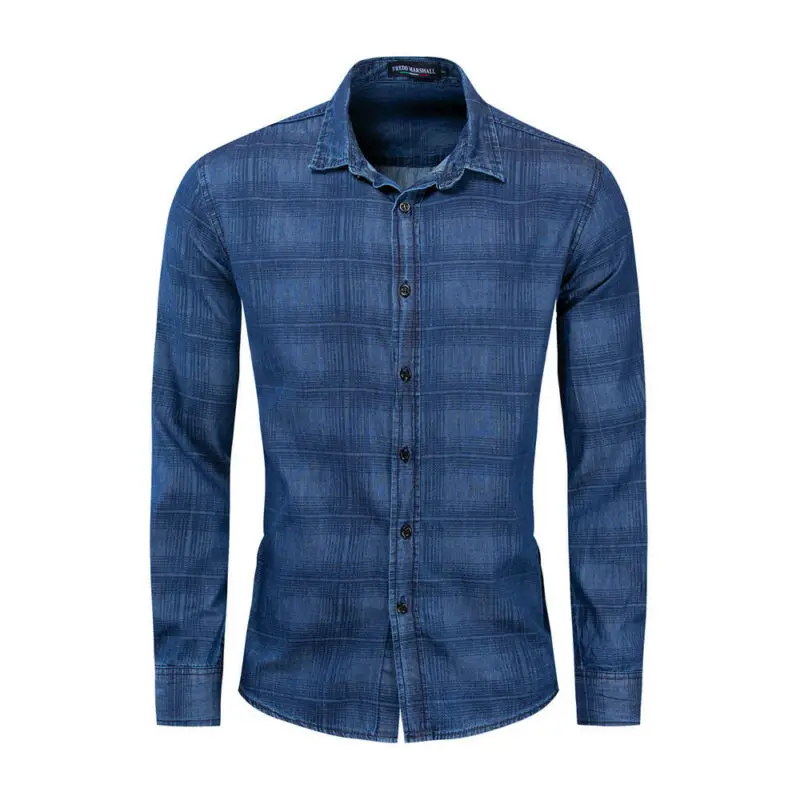 

Mens Casual Denim Shirts Long Sleeve Top Turn-down Collar Loose Regular Tops Office Work Fashion Male Clothing Printed Plaid