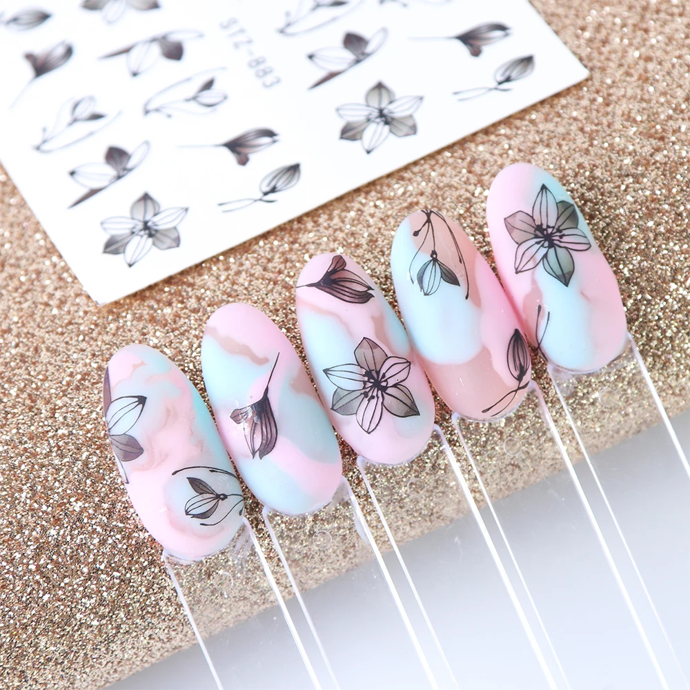 

1/2/4pcs Flower Nail Stickers Purple Blue Water Decals for Nails Flower Line Spring Manicure Decor Nail Slider Wraps