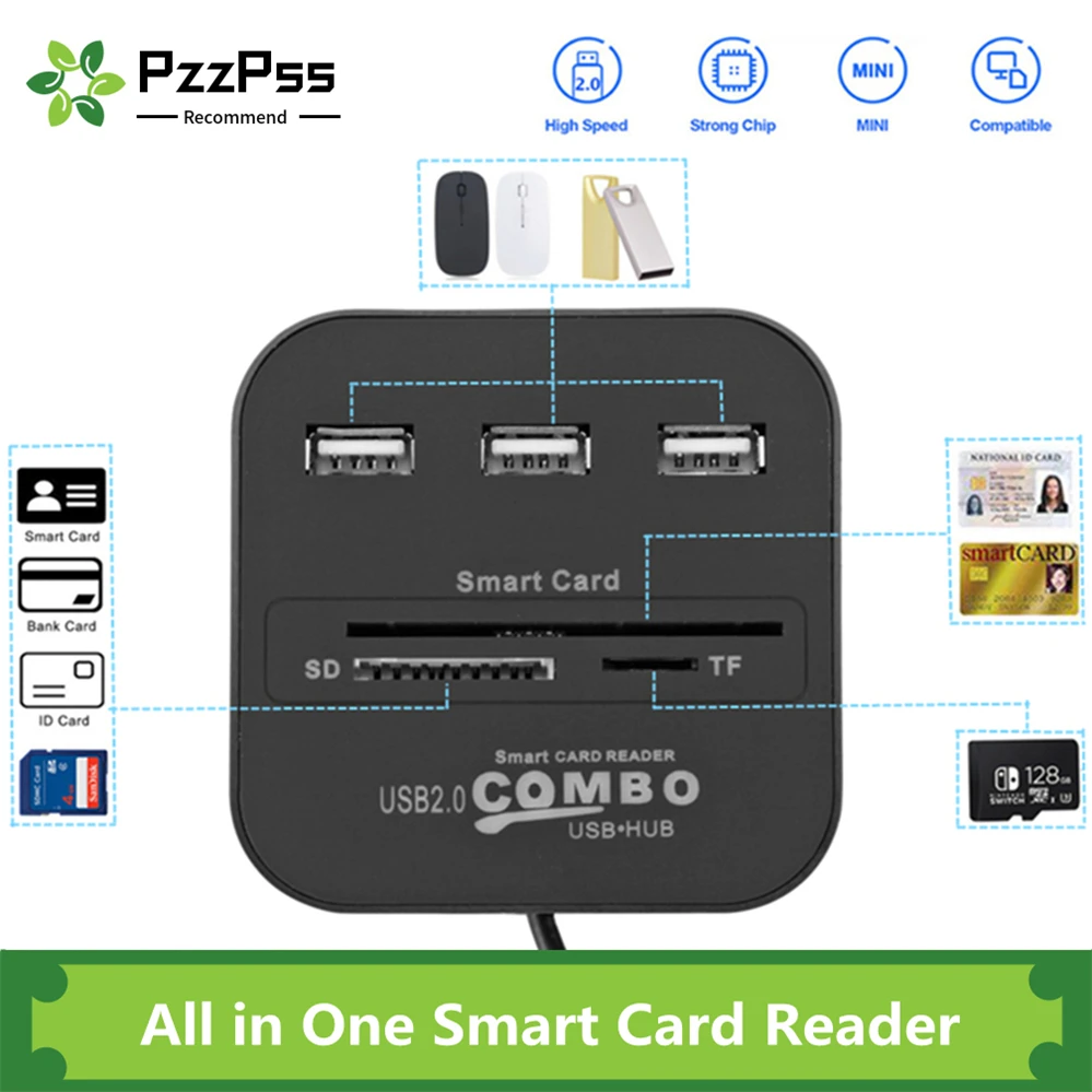 USB Смарт-кардридер PzzPss все в одном для банковских карт IC/ID EMV SD TF 3USB-порта |