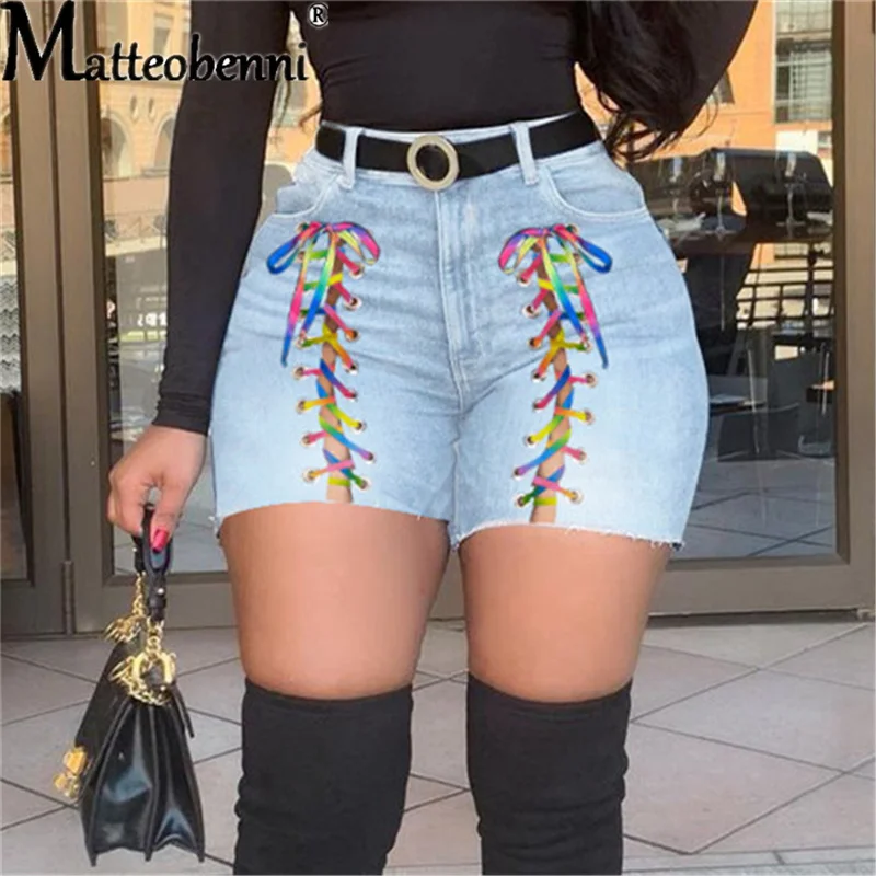

2021 Summer Women Denim Shorts Criss-Cross Colorful Lace Up Hollow Out High Waist Jeans Fashion Sexy Casual High Street Shorts