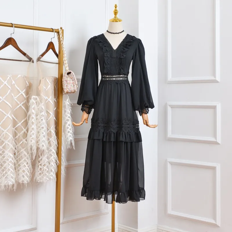 

HANZANGL New Autumn Women Dress 2020 Retro V-neck Lantern Sleeve Seaside Vacation Bohemian Long Dress Women's Clothing
