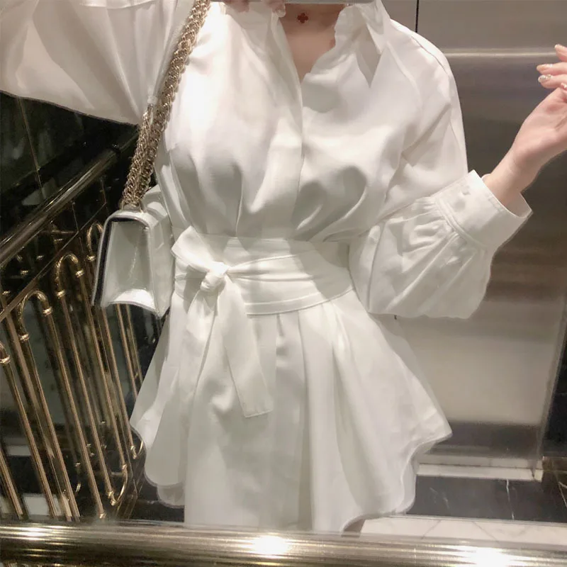 

Two Piece Set Casual Lace up OL Jumpsuits Rompers Pleated Jumpsuits Elegant Summer Women Sashes Wide Leg Short Female White