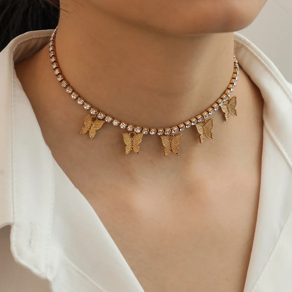 

Trendy Cute Butterfly Choker Necklaces For Women Gold Silver Color Iced Out Tennis Chain Animals Pendant Rhinestone Jewelry