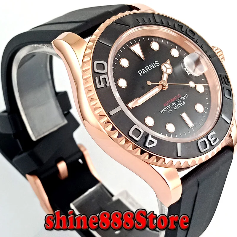 Мужские часы с черным циферблатом Parnis 41 мм сапфировое стекло со светящимися