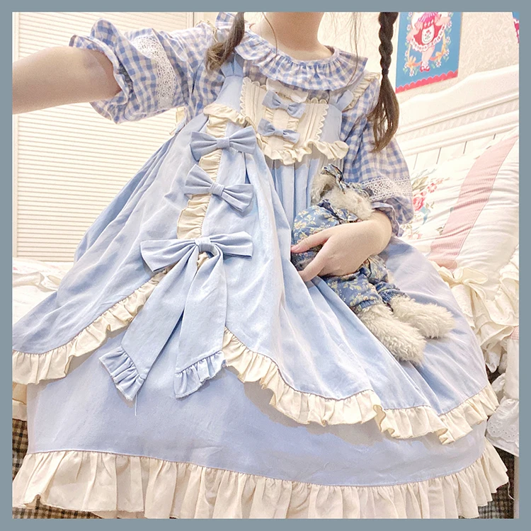 

Sweet summer lolita dress lace bowknot cute printing kawaii dress high waist gothic lolita jsk sleeveless victorian dress 2020