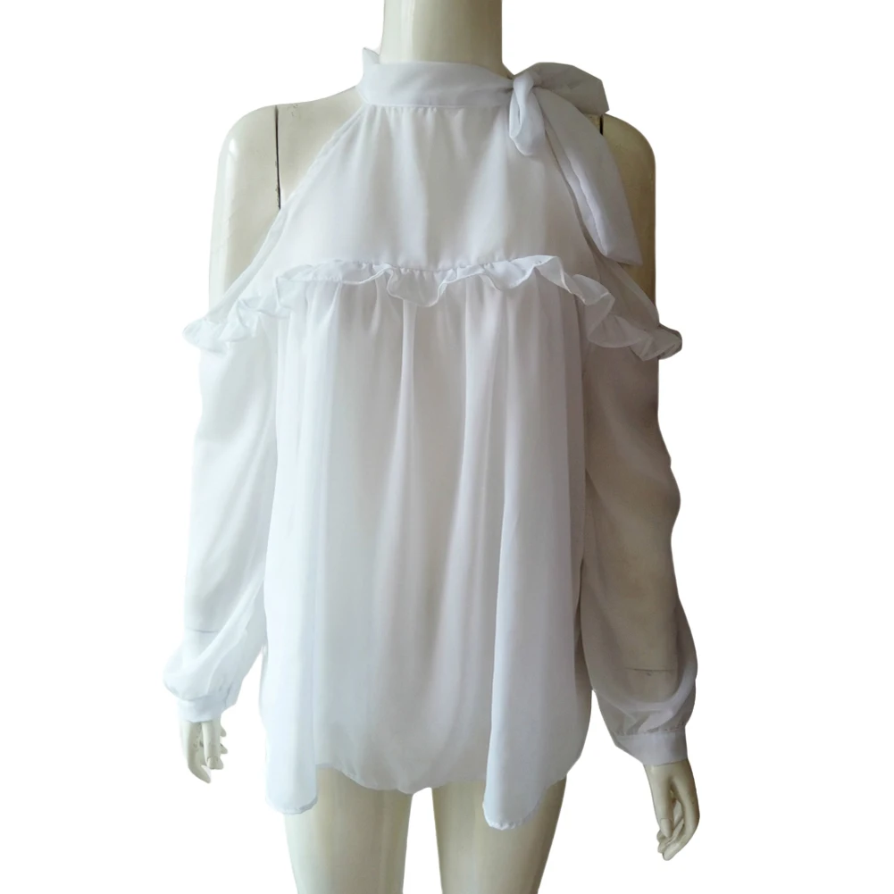 

Women Elegant Chiffon Blouse Off Shoulder Sexy See Through Solid Color Shirts Tops White Office Lady Casual Shirts Plus size Top