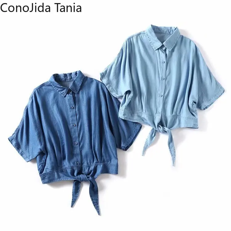

European and American Style Women's New Lapel Knot Tencel Denim Short Sleeve Shirt