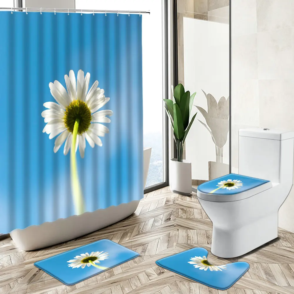 

Dandelion Floral Print Shower Curtain Cherry Blossom Rose Blue Background Home Decor Bath Mat Toilet Cover Flannel Bathroom Rug