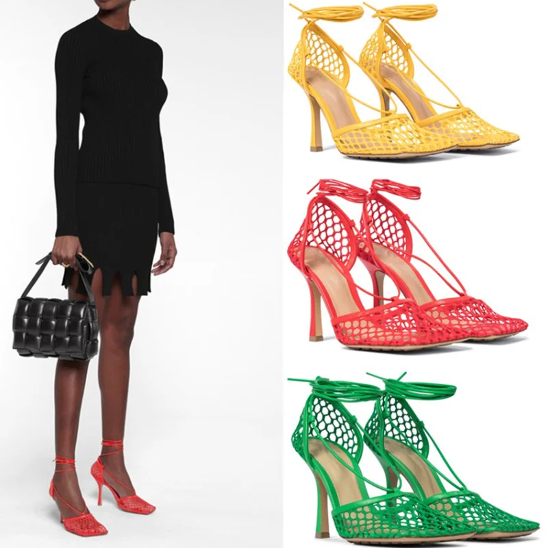 

2021 Euro-American New style Lace mesh surface Asaguchi Baotou sandals interweave bandage Exposed toes Fine High heel woman shoe