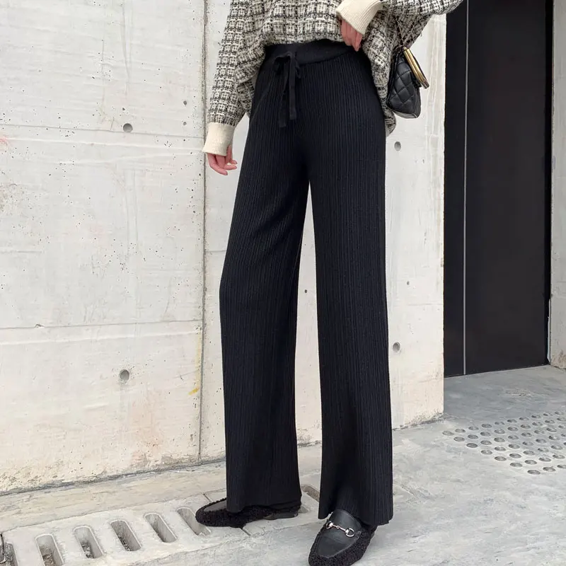 

Knitted High Waist Pant Long Leg Ribbed Casual Loose Drawstring 2021 Women Clothing Black Apricot Pink Drape Muse Solid Trousers