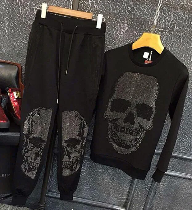 Autumn and Winter  Men's Slim Sanitary Clothes Skull Casual Suit Two-piece Men's Suit