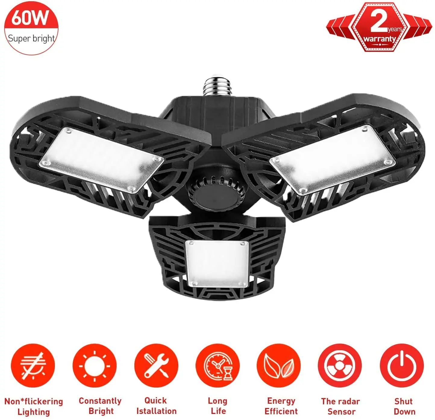 

Светодиодный светильник для гаража с датчиком, 60 Вт, 6000 лм, K, E26, светодиодный светильник для гаража, потолочный светильник для гаража с 3 регу...