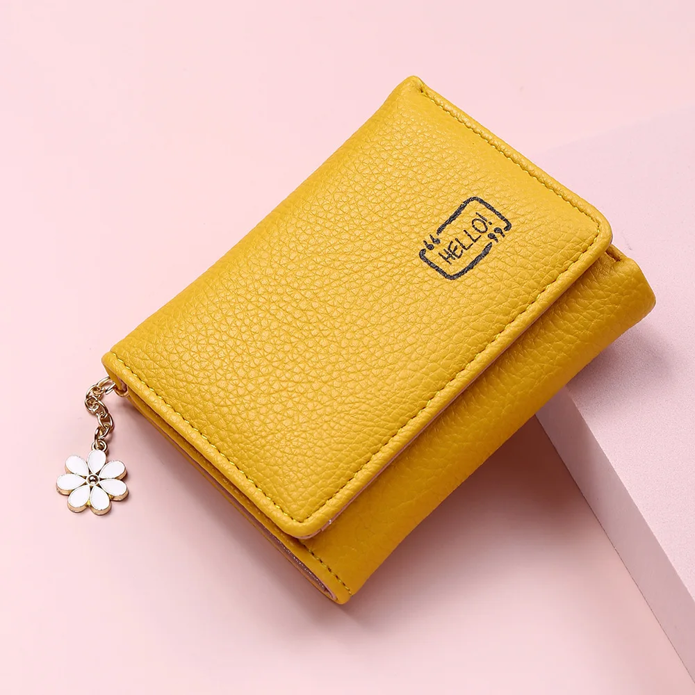 2023 New Fashion Women’s Short Wallet Ladies Small Card Holder Print Lychee Pattern Cute Yellow Two-fold  Female Coin Bags