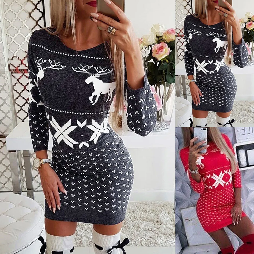 Fashion Womens Tops Christmas Sweater Dress Long Sleeve Xmas Jumper Ladies Pullover Dresses Casual Clothes | Женская одежда