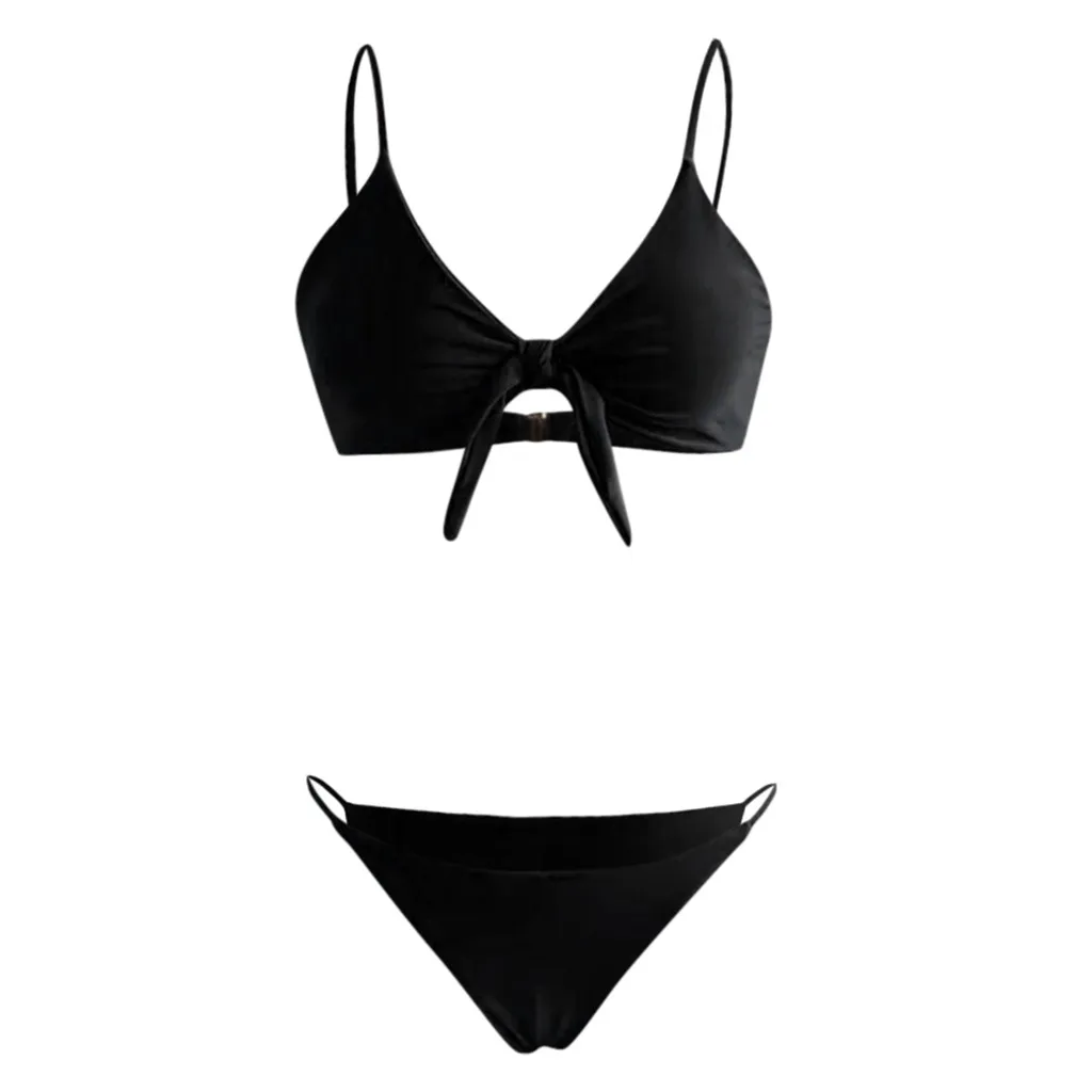 Лето 2020 летний женский сексуальный Одноцветный комплект бикини с пуш-ап и бантом