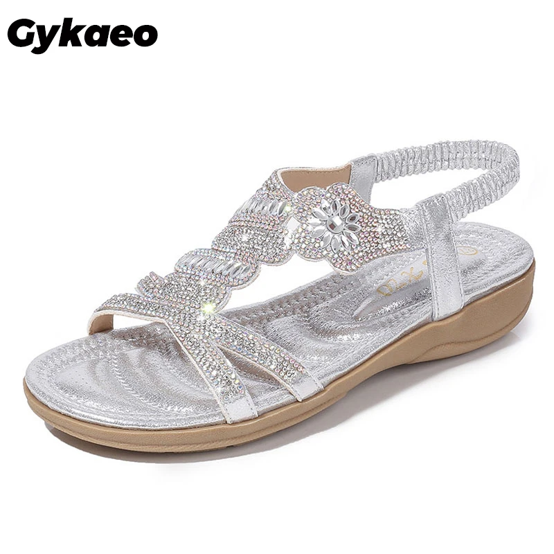 

Gykaeo Flat Bottom Large Size Fashion Sandals Women Silver Gold Party Diamonds Summer Shoes Girls Low Heels Sandalias Mujer 2022