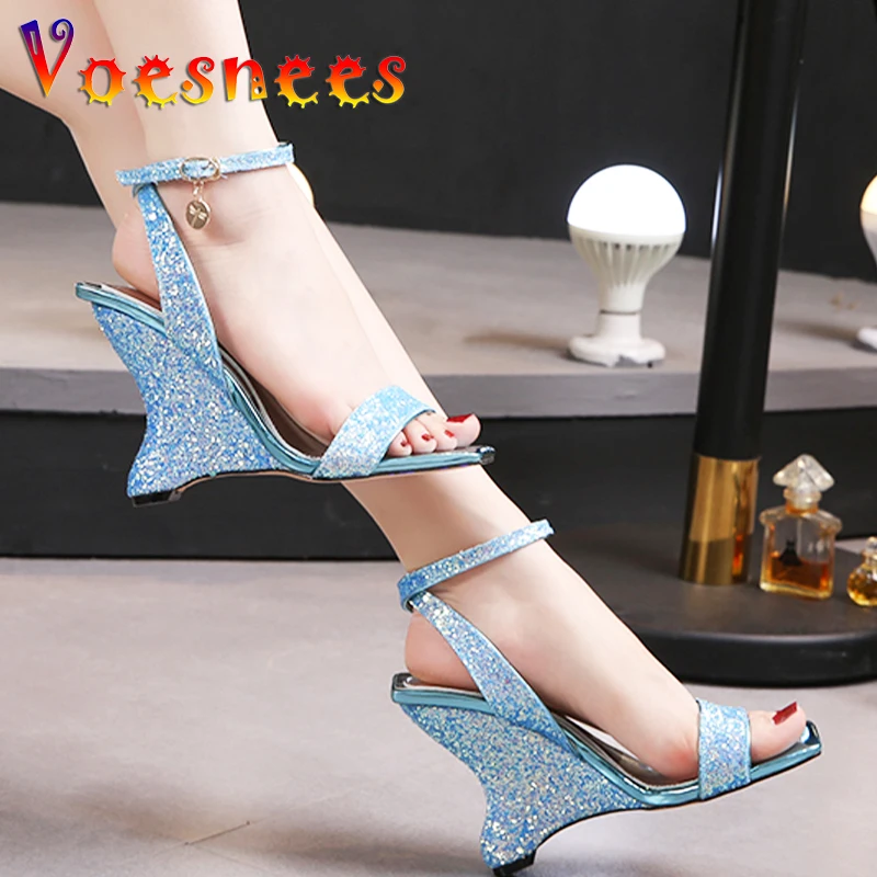 

Summer New Strange Style Wedges Sandals Bling Peep Toe One Word High Heels Sexy Nightclub Party Dress Buckle Strap Women Shoes