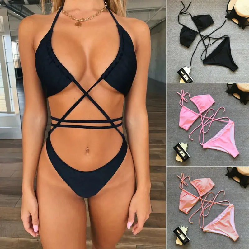 

Women Ladies Bandage Bikini Set Solid Color Vacation Swimwear Swimsuit Bra Halter Bandage Bathing Suit Low Waist Bikinis 2020