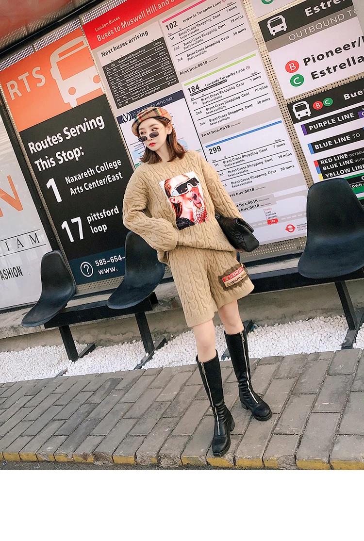 Vefadisa, осенний и зимний женский свитер с заплатками, костюм для отдыха, шорты с длинным рукавом, свободный принт, цвета хаки, женские костюмы QFM010