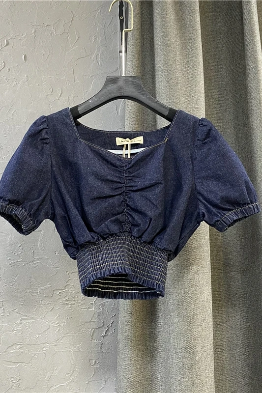 

Korean Style Women's Short Sleeve Denim Blouses 2021 Summer Elegant Puff Short Sleeve Denim Top Female Casual Short Shirt