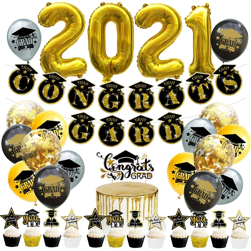 

Graduation Party Decoration Set Black Gold Number Balloon Latex Ballon Bunting Banners Congrats Grad Party Decor Lay Out Supplie